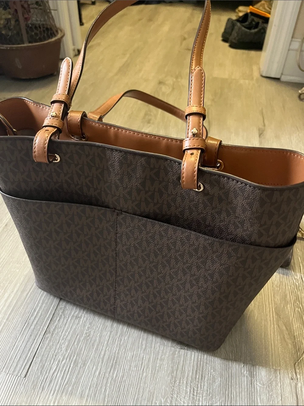 Michael Kors Brown MK Logo Tote with Tan Trim